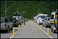 Cars and RVs lining up for the tunnel crossing. Whittier, Alaska, USA ( color)