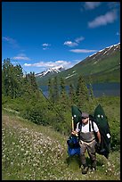 Fisherman hiking out from lake with full gear. Alaska, USA