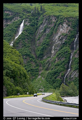 Richardson Highway and waterfalls, Keystone Canyon. Alaska, USA (color)