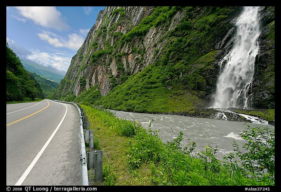 Bridalveil Falls cascading next to rood, Keystone Canyon. Alaska, USA