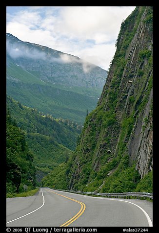 Richardson Highway passing between steep walls, Keystone Canyon. Alaska, USA