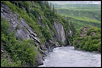 River, vegetation covered rock walls, Keystone Canyon. Alaska, USA