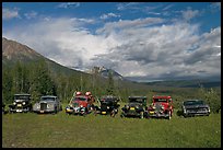 Row of classic cars lined up in meadow. McCarthy, Alaska, USA ( color)