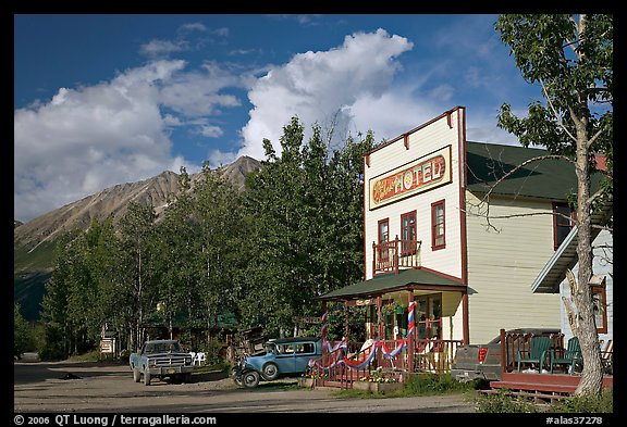 Hotel, main street, vintage car, and truck. McCarthy, Alaska, USA (color)