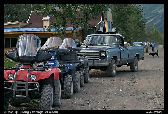 Four wheelers parked on main street. McCarthy, Alaska, USA