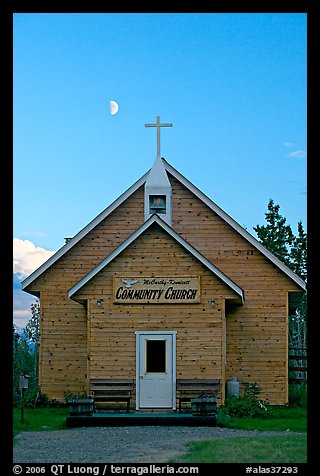 Community church and moon. McCarthy, Alaska, USA (color)