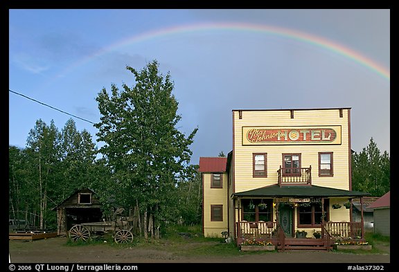 Rainbow over the historic Ma Johnson hotel building. McCarthy, Alaska, USA