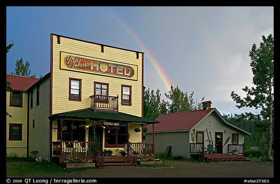 Ma Johnson  hotel and rainbow. McCarthy, Alaska, USA (color)