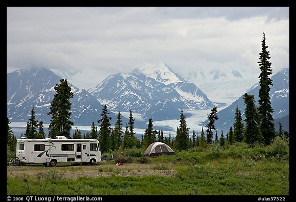 RV, tent, with glacier and mountains in background. Alaska, USA (color)