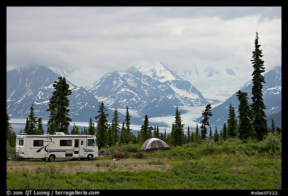 RV, tent, with glacier and mountains in background. Alaska, USA