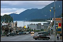 Main street and Resurrection Bay, evening. Seward, Alaska, USA