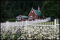 Flowers, white picket fence and church. Seward, Alaska, USA ( color)