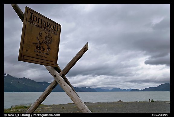 Historic Itadarod sign and Resurrection Bay. Seward, Alaska, USA