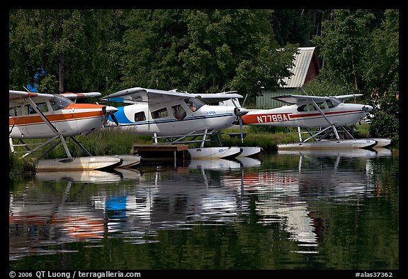 Float planes on Lake Hood, the largest float plane base in the world. Anchorage, Alaska, USA (color)