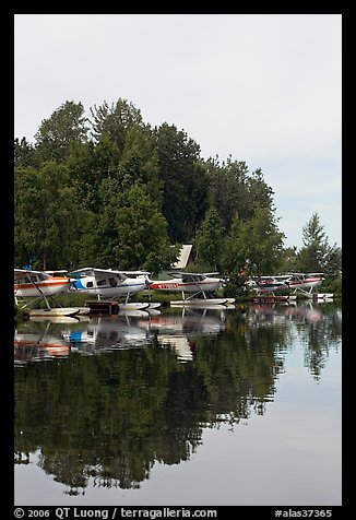 Seaplanes on the shore of Lake Hood, the largest sea plane base in the world. Anchorage, Alaska, USA