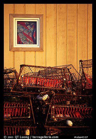 Fishing baskets and wall. Kotzebue, North Western Alaska, USA (color)