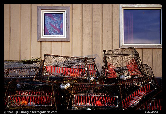 Fishing baskets and wall. Kotzebue, North Western Alaska, USA