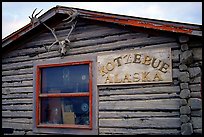 Log cabin with caribou antlers. Kotzebue, North Western Alaska, USA