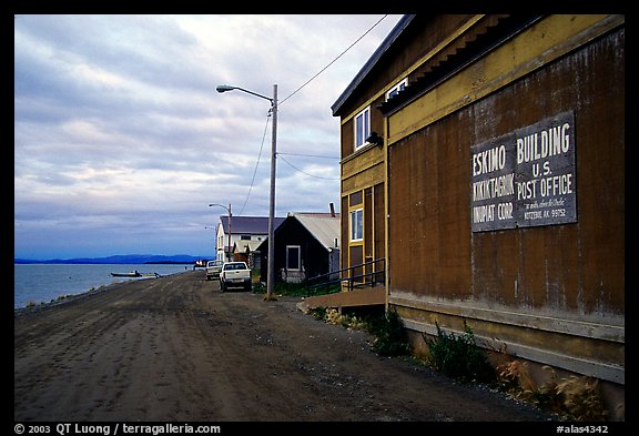 Eskimo building and US Post office on Shore avenue. Kotzebue, North Western Alaska, USA (color)