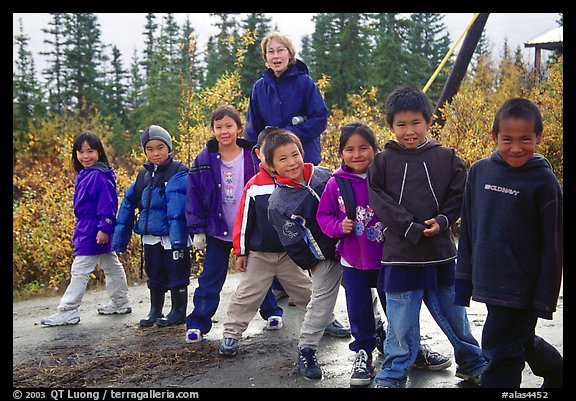 Inupiaq Eskimo kids and teacher, Kiana. North Western Alaska, USA