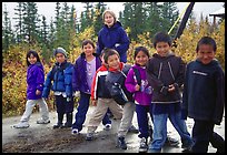 Inupiaq Eskimo kids and teacher, Kiana. North Western Alaska, USA (color)