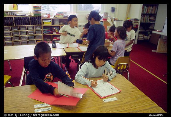 Inupiaq Eskimo kids in the classroom. Note names on table. Kiana. North Western Alaska, USA (color)