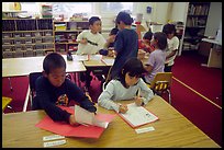 Inupiaq Eskimo kids in the classroom. Note names on table. Kiana. North Western Alaska, USA