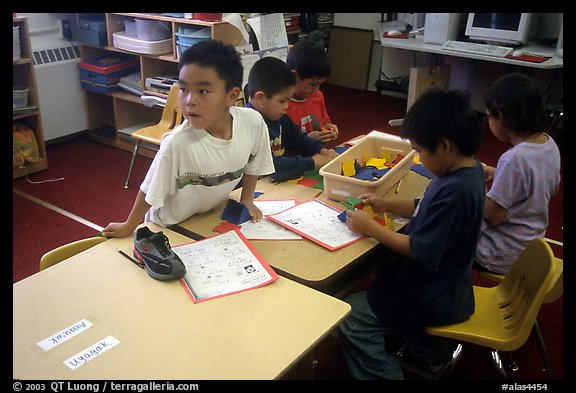 Inupiaq Eskimo kids in the classroom. Note names on table. Kiana. North Western Alaska, USA