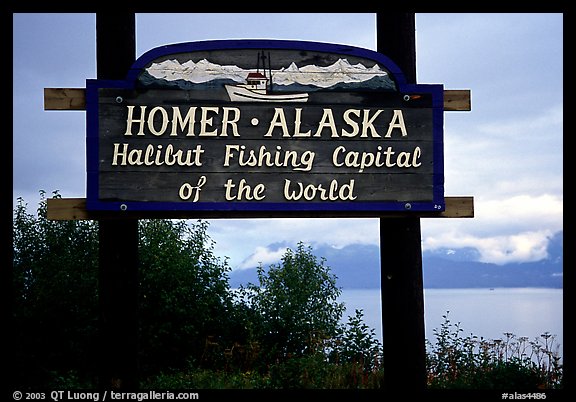 Welcome sign to Homer, Halibut fishing capital of the world. Homer, Alaska, USA (color)