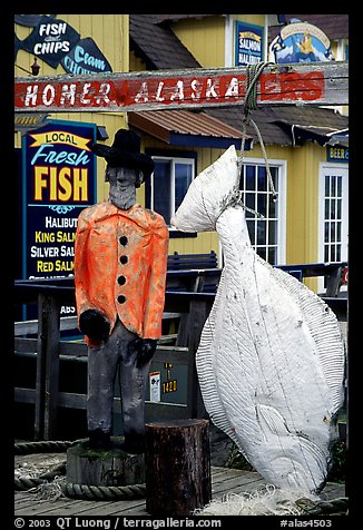 Halibut fishing sculpture on the Spit. Homer, Alaska, USA