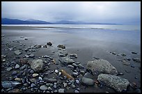 Sandy beach, rocks, and stormy skies on the Bay. Homer, Alaska, USA