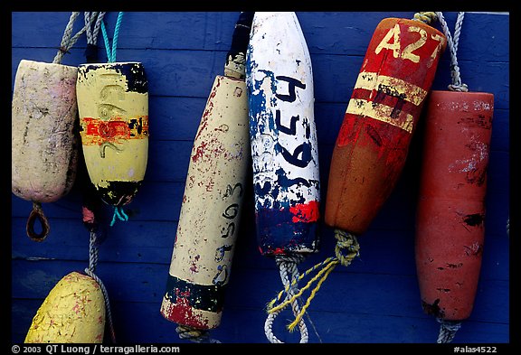 Buoys hanging on the side of a boat. Homer, Alaska, USA