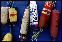 Buoys hanging on the side of a boat. Homer, Alaska, USA