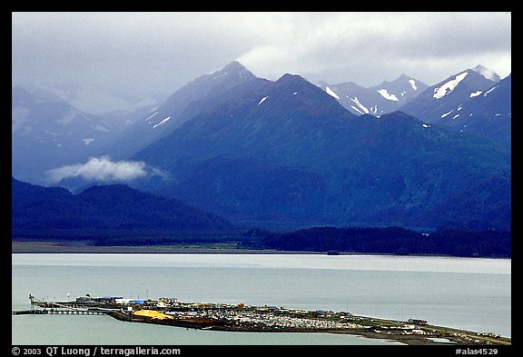 Distant view of the Spit and Kenai Mountains. Homer, Alaska, USA (color)