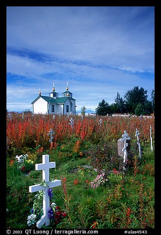 Russian orthodox cemetery and old Russian church. Ninilchik, Alaska, USA (color)
