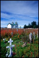 Russian orthodox cemetery and old Russian church. Ninilchik, Alaska, USA (color)