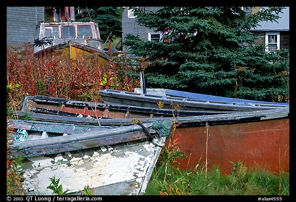 Fishing boats in old  village. Ninilchik, Alaska, USA (color)