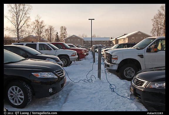 Cars with block engine heaters connected to plugs. Fairbanks, Alaska, USA (color)