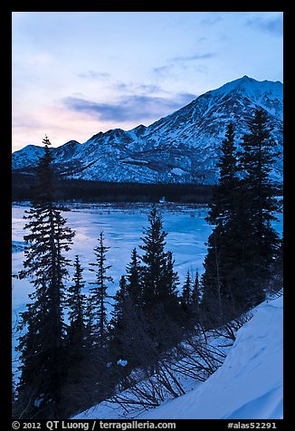 Frozen Nenana River at sunset. Alaska, USA