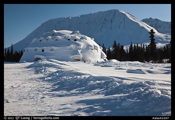 Winter landscape with igloo-shaped building. Alaska, USA