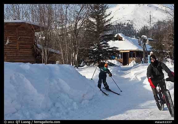 Winter recreation with snow-tired bike and skis. Wiseman, Alaska, USA (color)