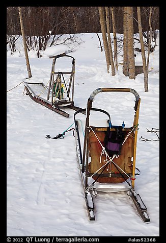 Sleds used for dog mushing. Wiseman, Alaska, USA (color)