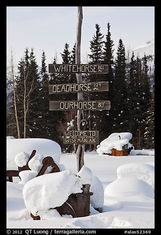 Signs in winter. Wiseman, Alaska, USA