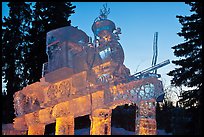 Illuminated locomotive ice sculpture, World Ice Art Championships. Fairbanks, Alaska, USA