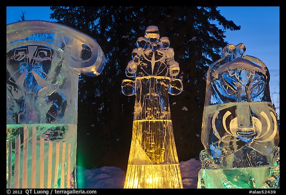 Illuminated ice sculptures, 2012 World Ice Art Championships. Fairbanks, Alaska, USA (color)