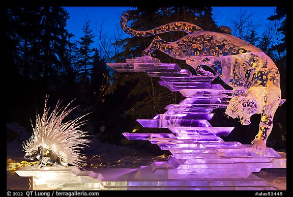 Prize winning multiblock ice sculpture at night, 2012 Ice Alaska. Fairbanks, Alaska, USA