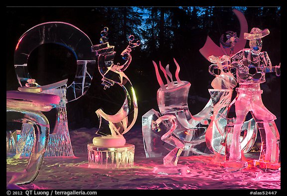 Ice sculptures at night, 2012 Ice Alaska. Fairbanks, Alaska, USA (color)