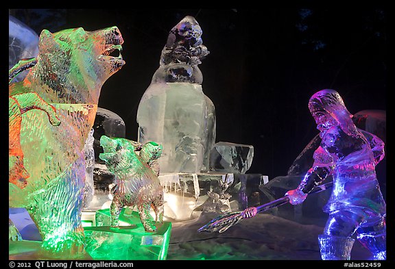 Multicolored Ice sculptures at night, George Horner Ice Park. Fairbanks, Alaska, USA