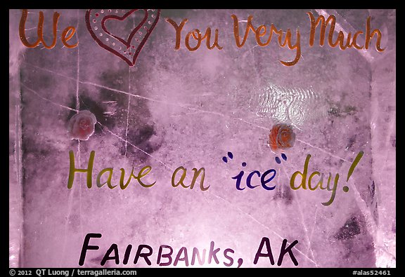 Welcome sign in ice, George Horner Ice Park. Fairbanks, Alaska, USA (color)