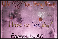 Welcome sign in ice, George Horner Ice Park. Fairbanks, Alaska, USA